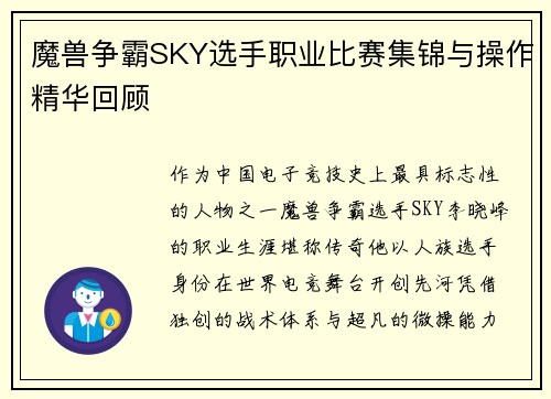 魔兽争霸SKY选手职业比赛集锦与操作精华回顾
